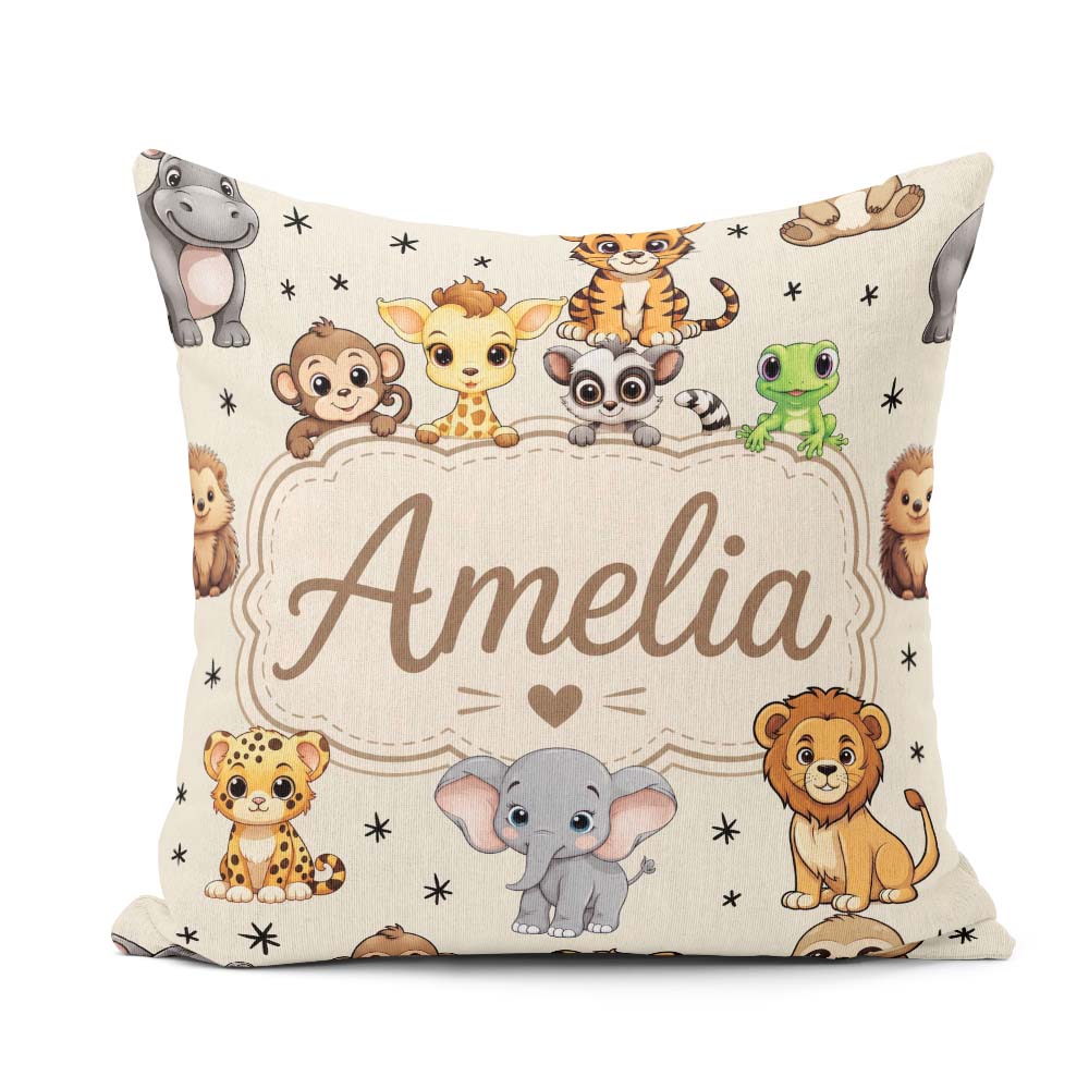 Custom Name Jungle Baby Animals Lion Tiger Giraffe Pattern Cream Square Filled Cushion Throw Pillow Sofa Bed Home Decor Zip Washable UK Made
