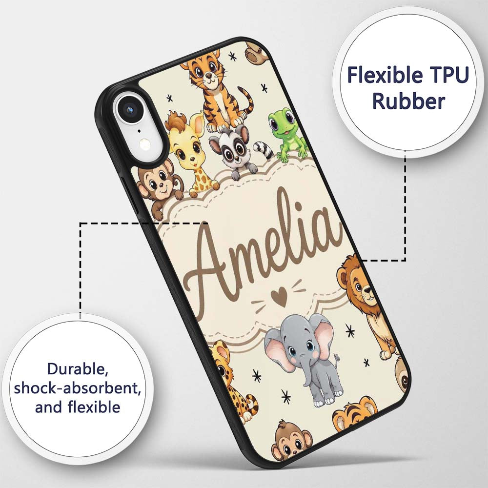 Cute Jungle Baby Animals Lion Tiger Elephant Custom Name Protective Phone Case Mobile Cover Durable Everyday Smartphone Shock Resistant