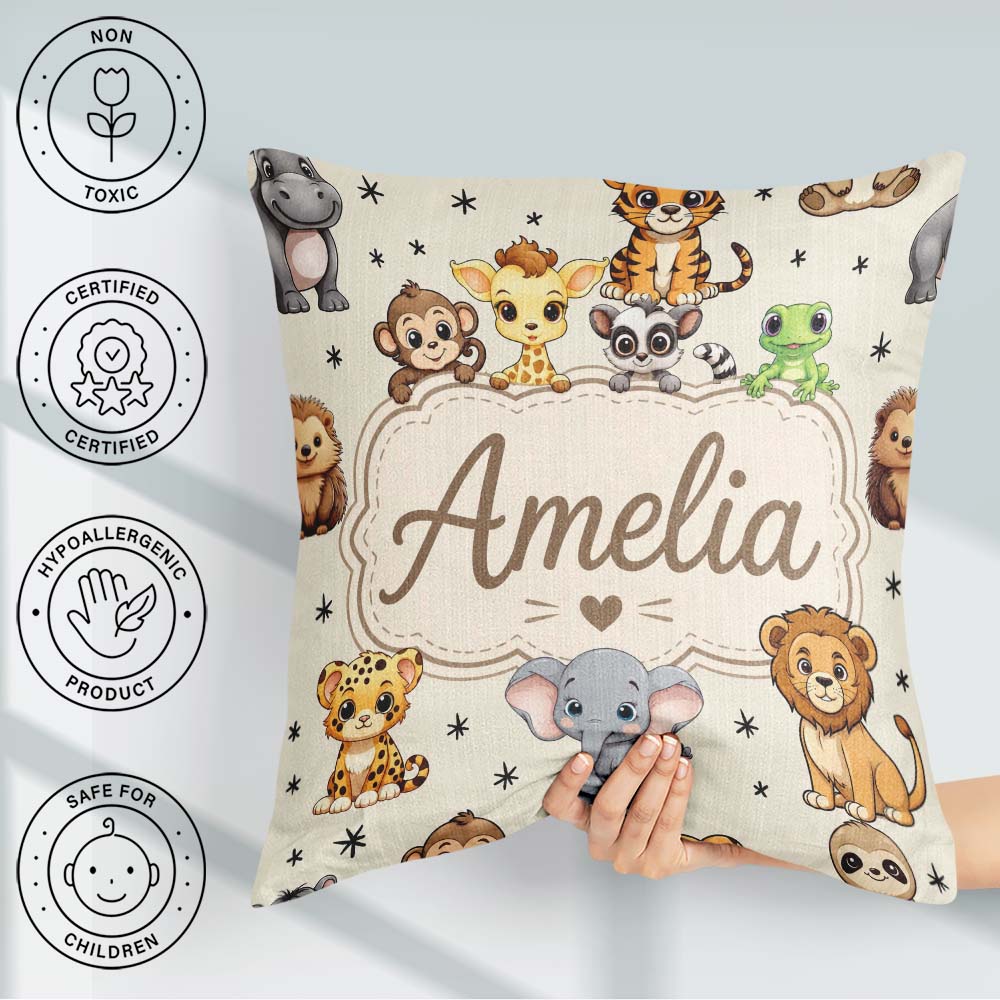 Custom Name Jungle Baby Animals Lion Tiger Giraffe Pattern Cream Square Filled Cushion Throw Pillow Sofa Bed Home Decor Zip Washable UK Made