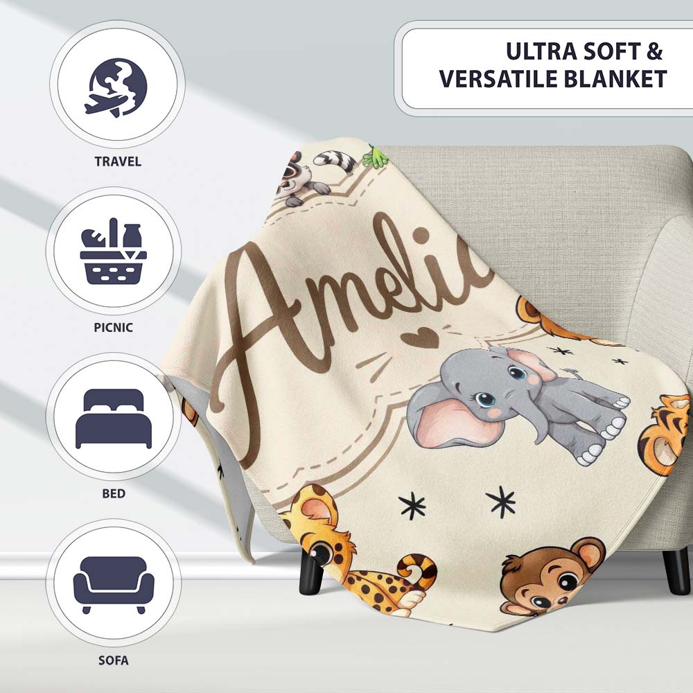 Cute Jungle Baby Animals Lion Tiger Elephant Giraffe Pattern Cream Personalised Custom Name Super Soft Fleece Blanket Bed Sofa Throw