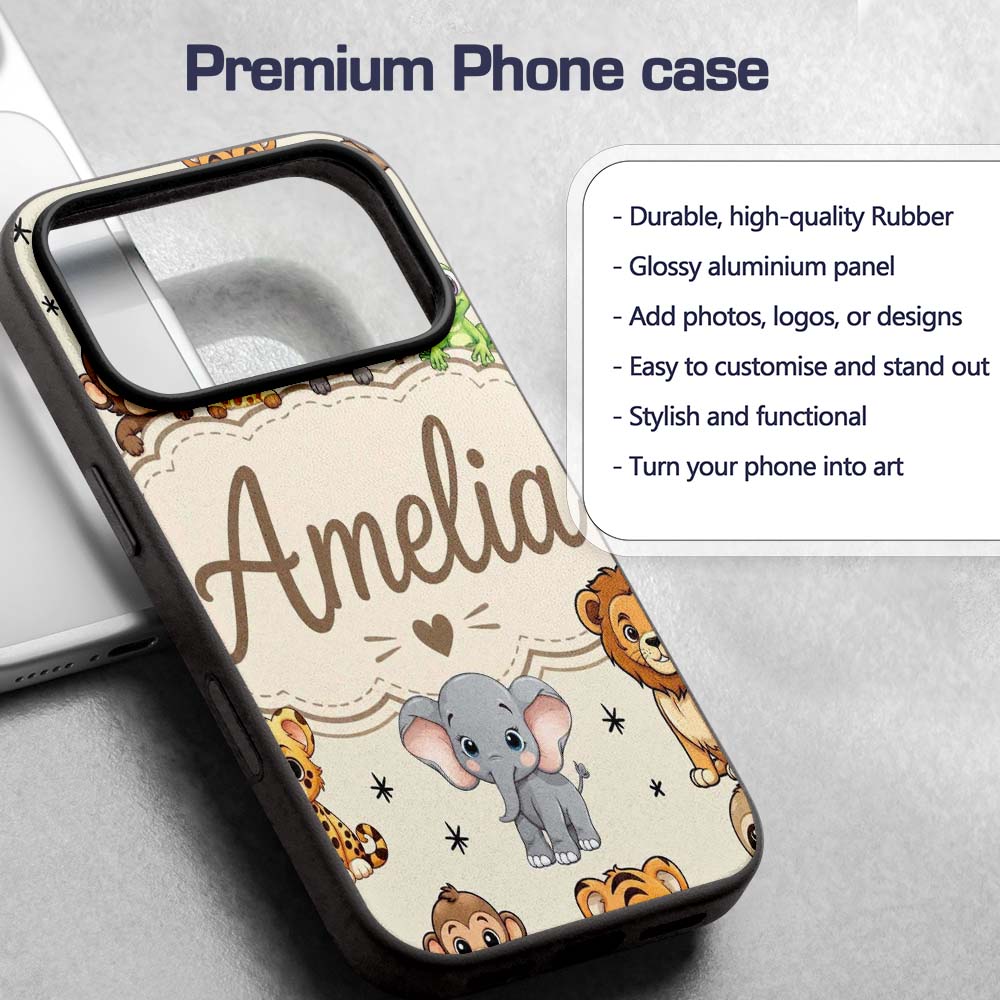 Cute Jungle Baby Animals Lion Tiger Elephant Custom Name Protective Phone Case Mobile Cover Durable Everyday Smartphone Shock Resistant