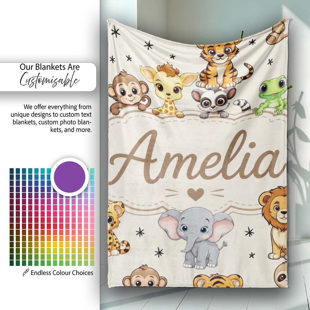 Cute Jungle Baby Animals Lion Tiger Elephant Giraffe Pattern Cream Personalised Custom Name Super Soft Fleece Blanket Bed Sofa Throw