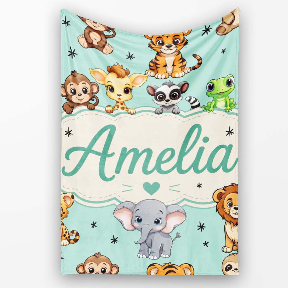 Cute Jungle Baby Animals Lion Tiger Elephant Giraffe Pattern Mint Personalised Custom Name Super Soft Fleece Blanket Bed Sofa Throw