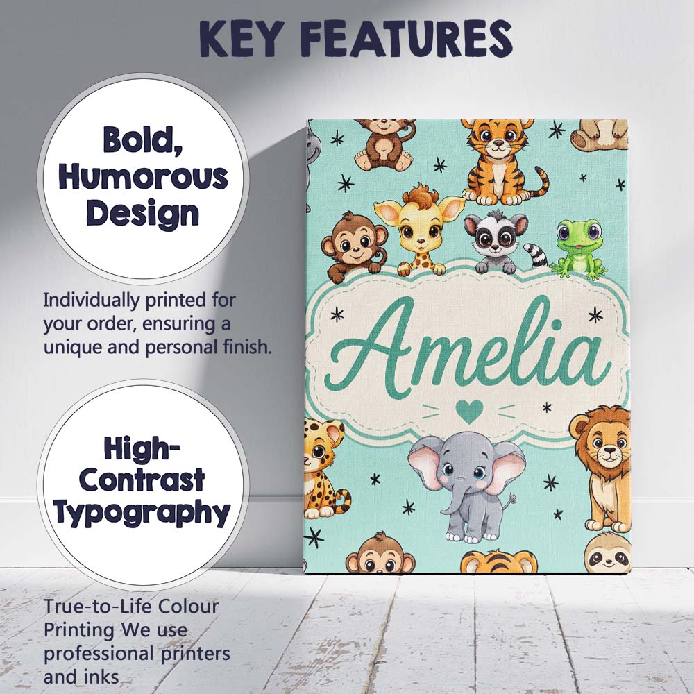 Personalised Name Cute Jungle Baby Animals Custom Unique Gift Idea Elegant Feature Canvas Wall Art Print Decor Picture Ready to Hang