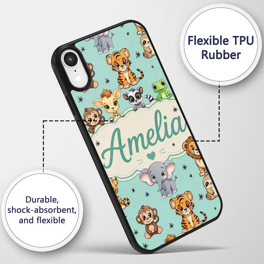 Cute Jungle Baby Animals Lion Tiger Elephant Custom Name Protective Phone Case Mobile Cover Durable Everyday Smartphone Shock Resistant