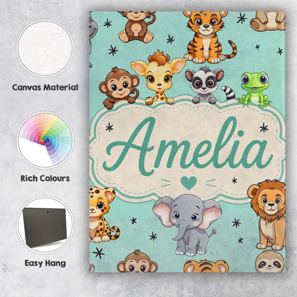 Personalised Name Cute Jungle Baby Animals Custom Unique Gift Idea Elegant Feature Canvas Wall Art Print Decor Picture Ready to Hang