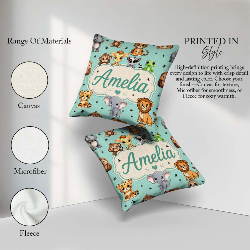 Custom Name Jungle Baby Animals Lion Tiger Elephant Giraffe Mint Square Filled Cushion Throw Pillow Sofa Bed Home Decor Zip Washable UK Made