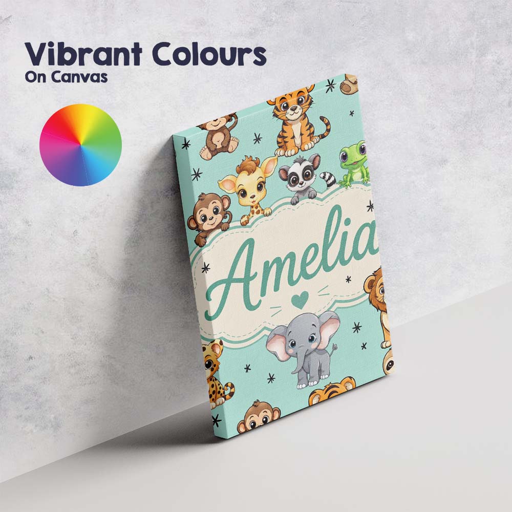 Personalised Name Cute Jungle Baby Animals Custom Unique Gift Idea Elegant Feature Canvas Wall Art Print Decor Picture Ready to Hang