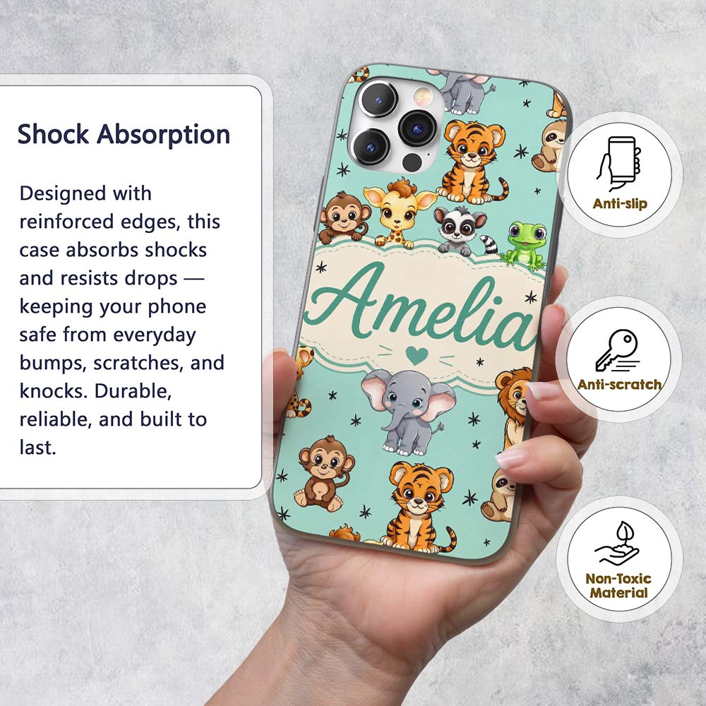 Cute Jungle Baby Animals Lion Tiger Elephant Custom Name Protective Phone Case Mobile Cover Durable Everyday Smartphone Shock Resistant