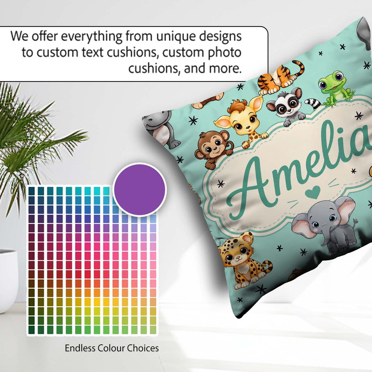 Custom Name Jungle Baby Animals Lion Tiger Elephant Giraffe Mint Square Filled Cushion Throw Pillow Sofa Bed Home Decor Zip Washable UK Made
