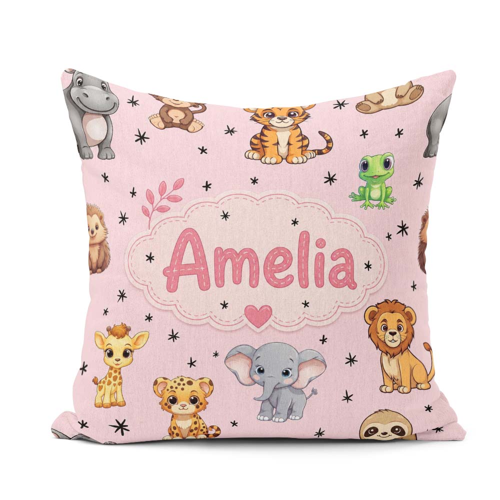 Custom Name Cute Jungle Baby Animals Tiger Elephant Giraffe Pink Square Filled Cushion Throw Pillow Sofa Bed Home Decor Zip Washable UK Made