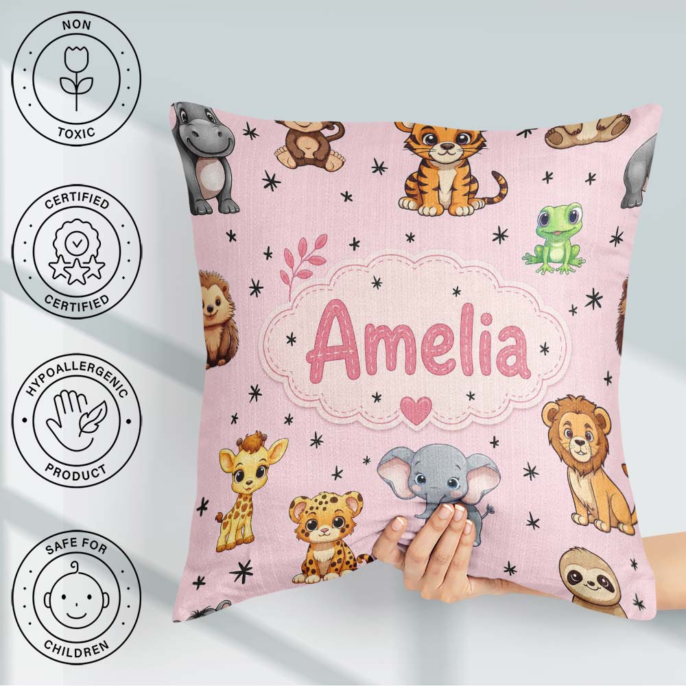 Custom Name Cute Jungle Baby Animals Tiger Elephant Giraffe Pink Square Filled Cushion Throw Pillow Sofa Bed Home Decor Zip Washable UK Made