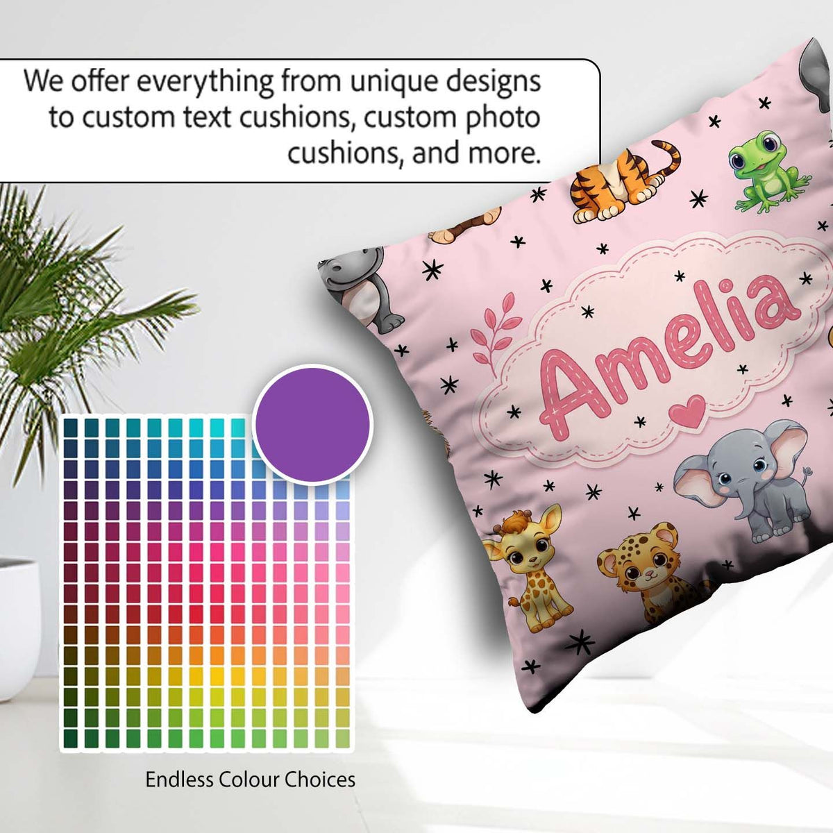 Custom Name Cute Jungle Baby Animals Tiger Elephant Giraffe Pink Square Filled Cushion Throw Pillow Sofa Bed Home Decor Zip Washable UK Made