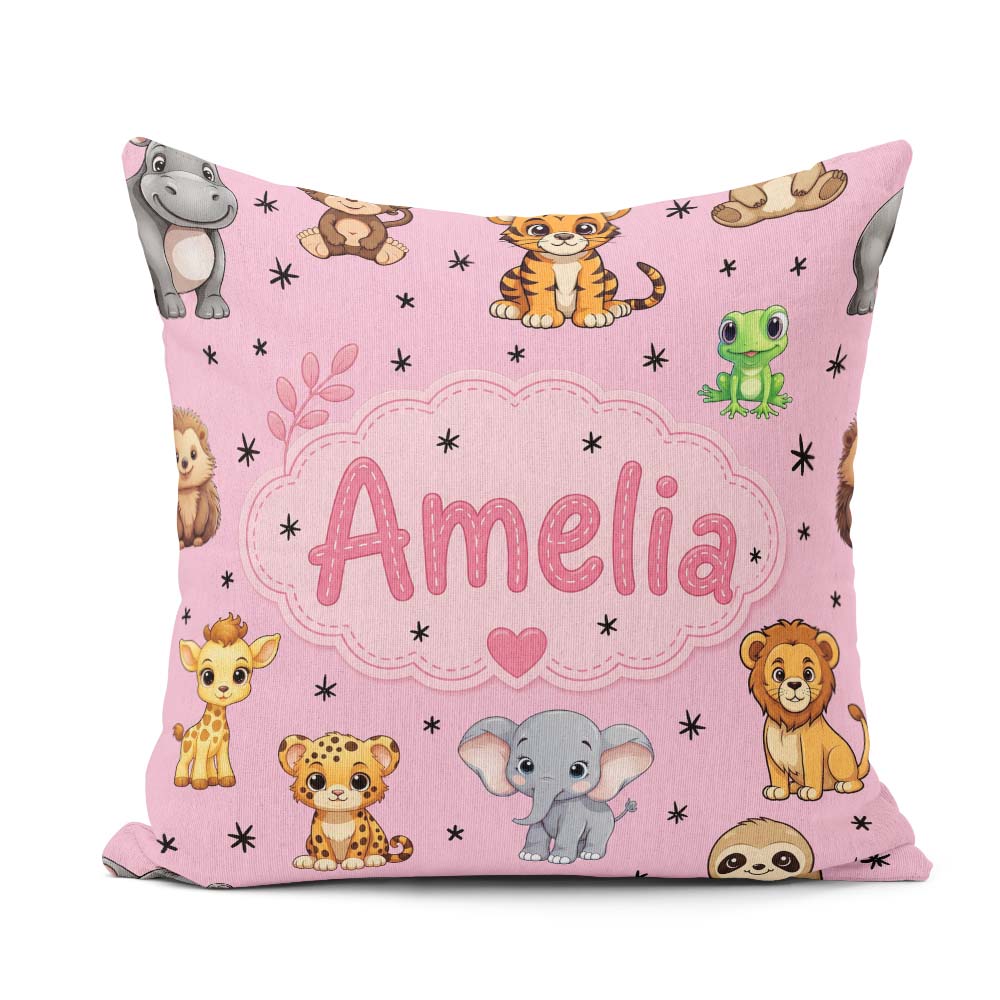 Custom Name Jungle Baby Animals Lion Tiger Elephant Giraffe Pink Square Filled Cushion Throw Pillow Sofa Bed Home Decor Zip Washable UK Made