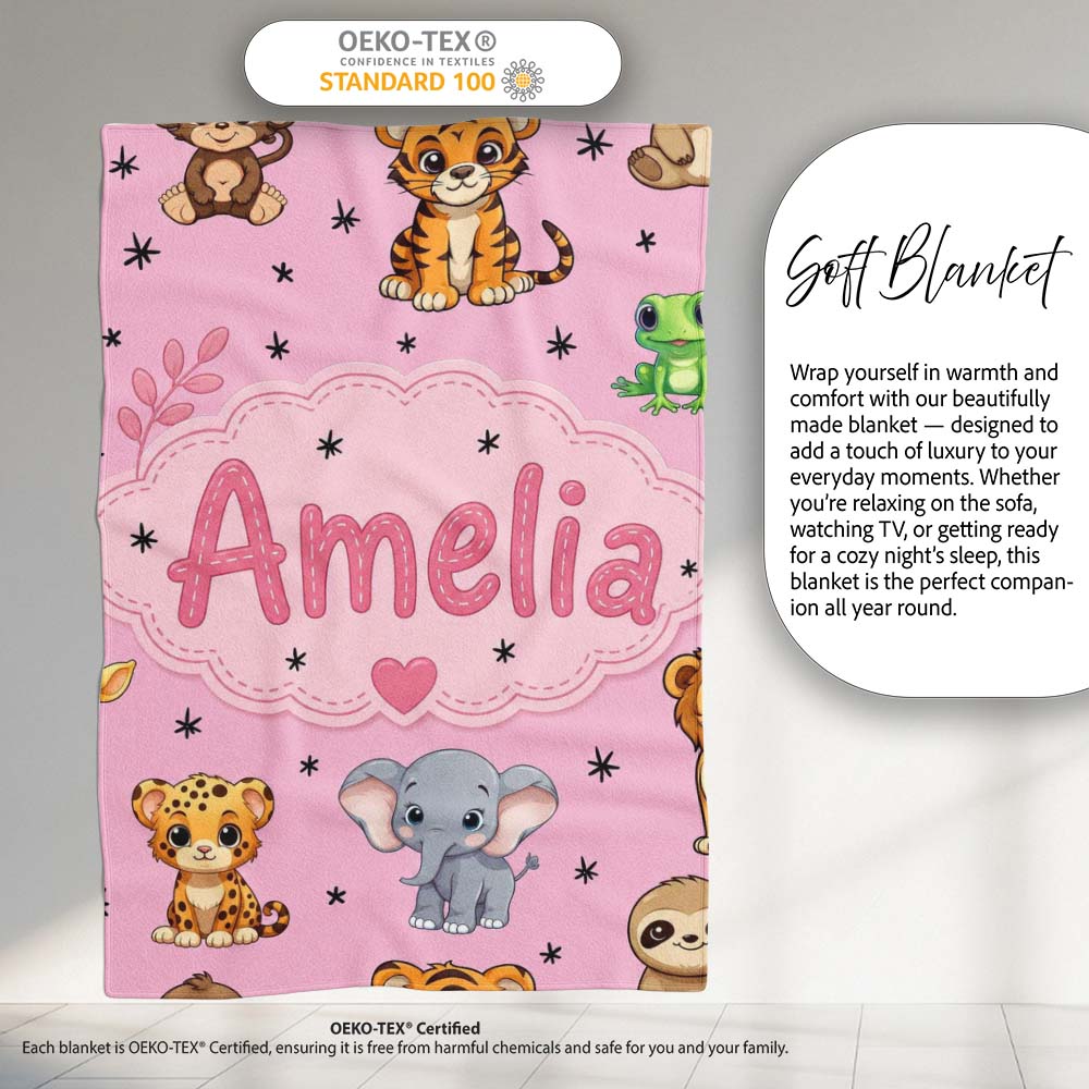 Cute Jungle Baby Animals Lion Tiger Elephant Giraffe Pattern Pink Personalised Custom Name Super Soft Fleece Blanket Bed Sofa Throw