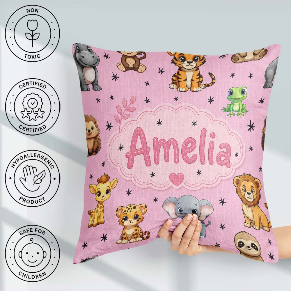 Custom Name Jungle Baby Animals Lion Tiger Elephant Giraffe Pink Square Filled Cushion Throw Pillow Sofa Bed Home Decor Zip Washable UK Made
