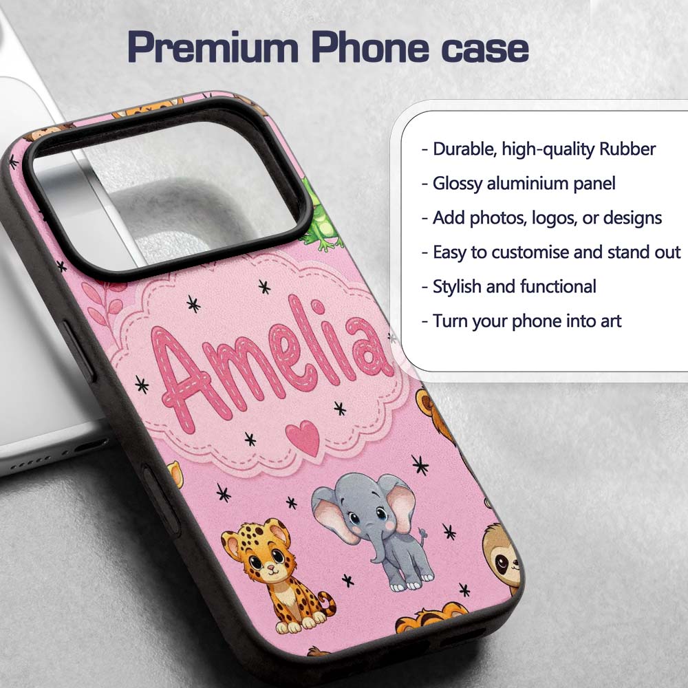 Cute Jungle Baby Animals Lion Tiger Elephant Custom Name Protective Phone Case Mobile Cover Durable Everyday Smartphone Shock Resistant