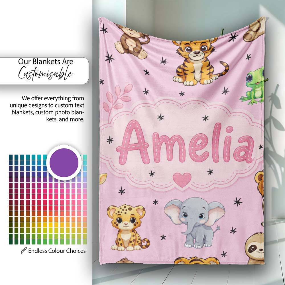 Cute Jungle Baby Animals Lion Tiger Elephant Giraffe Pattern Pink Personalised Custom Name Super Soft Fleece Blanket Bed Sofa Throw