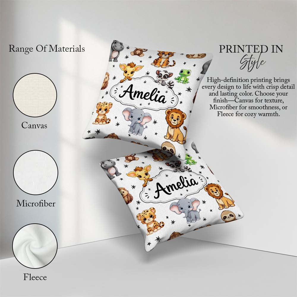 Custom Name Jungle Baby Animals Lion Tiger Elephant Giraffe Grey Square Filled Cushion Throw Pillow Sofa Bed Home Decor Zip Washable UK Made