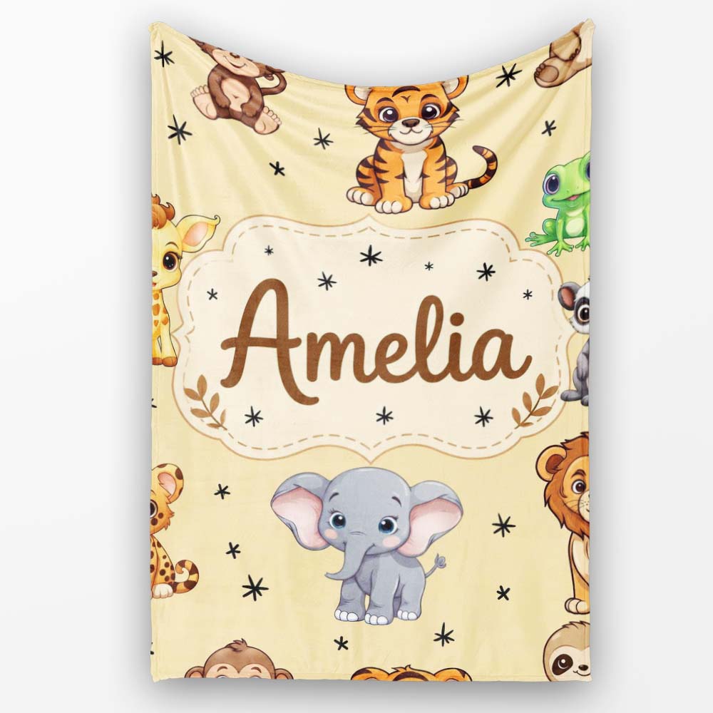 Cute Jungle Baby Animals Lion Tiger Elephant Giraffe Pattern Beige Personalised Custom Name Super Soft Fleece Blanket Bed Sofa Throw