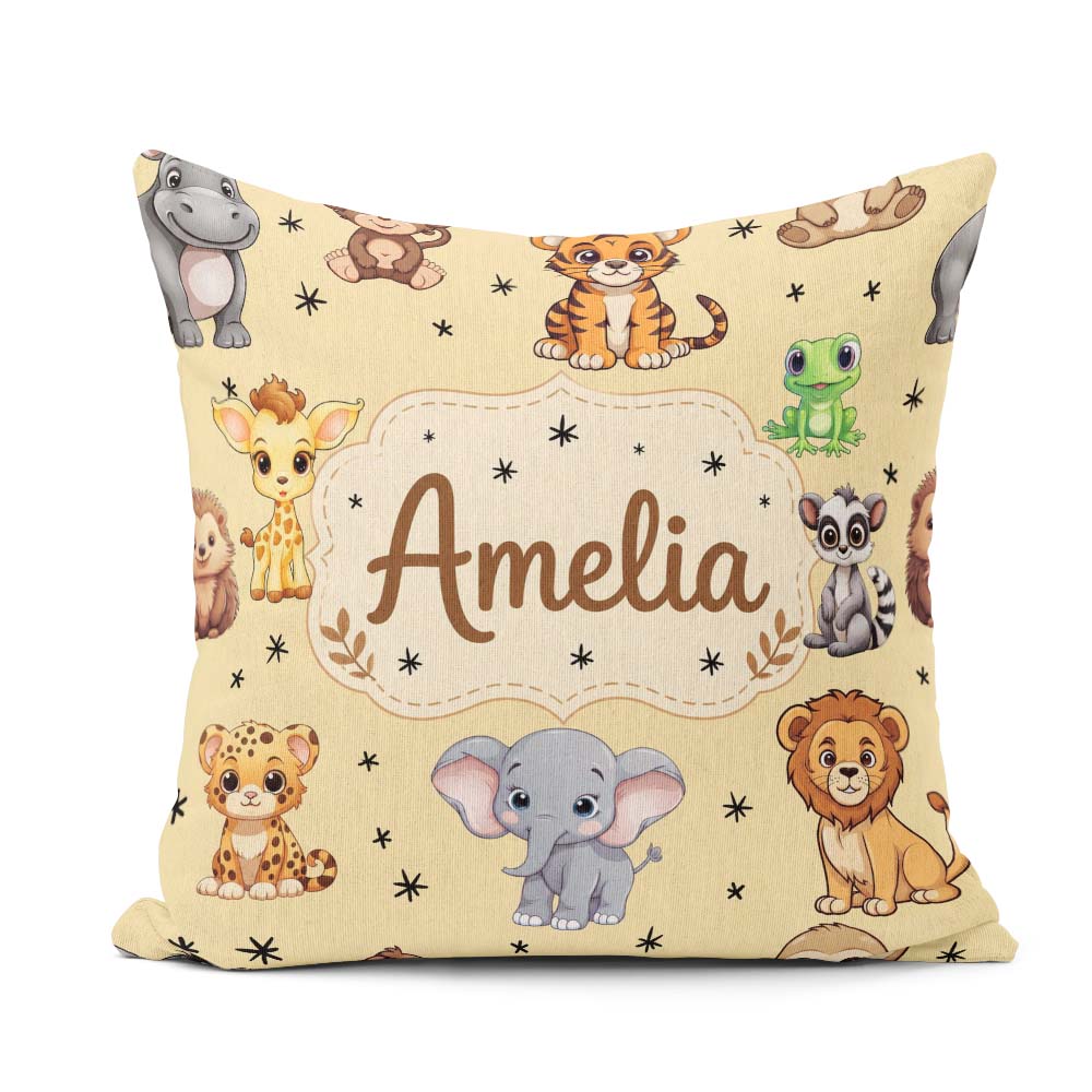 Custom Name Jungle Baby Animals Lion Tiger Giraffe Pattern Beige Square Filled Cushion Throw Pillow Sofa Bed Home Decor Zip Washable UK Made
