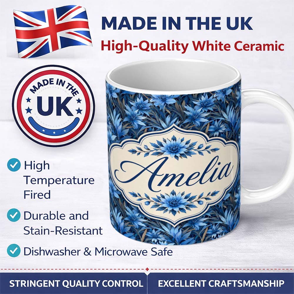 Personalized Custom Name Blue Floral Botanical Dense Garden Seamless Pattern Cute Unique Gift 11oz Ceramic Coffee Tea Mug White Large Handle
