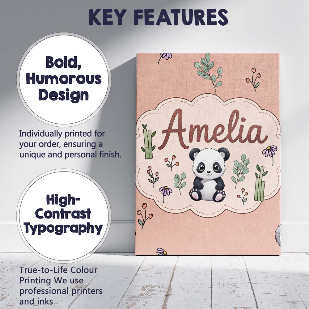 Personalised Name Cute Panda Bear with Custom Modern Room Accent Elegant Feature Canvas Wall Art Print Decor Picture Ready to Hang