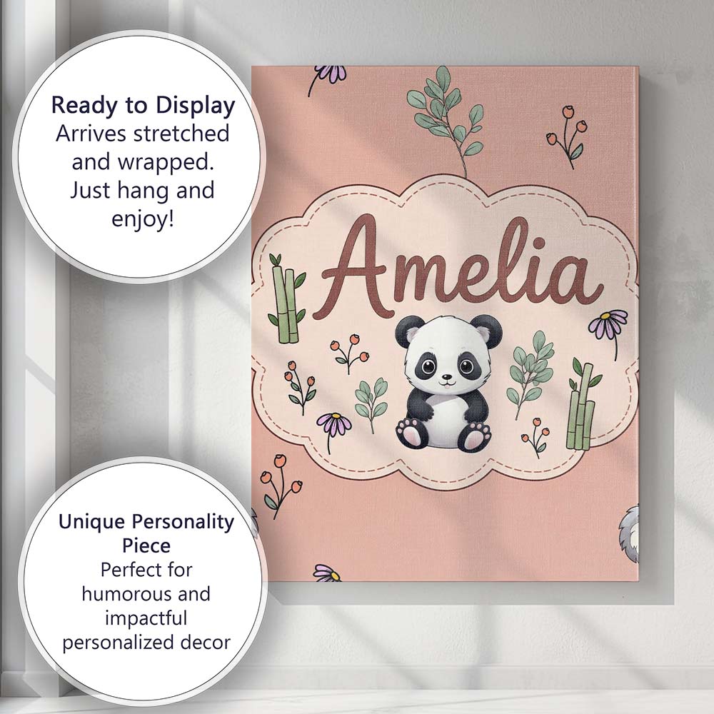 Personalised Name Cute Panda Bear with Custom Modern Room Accent Elegant Feature Canvas Wall Art Print Decor Picture Ready to Hang