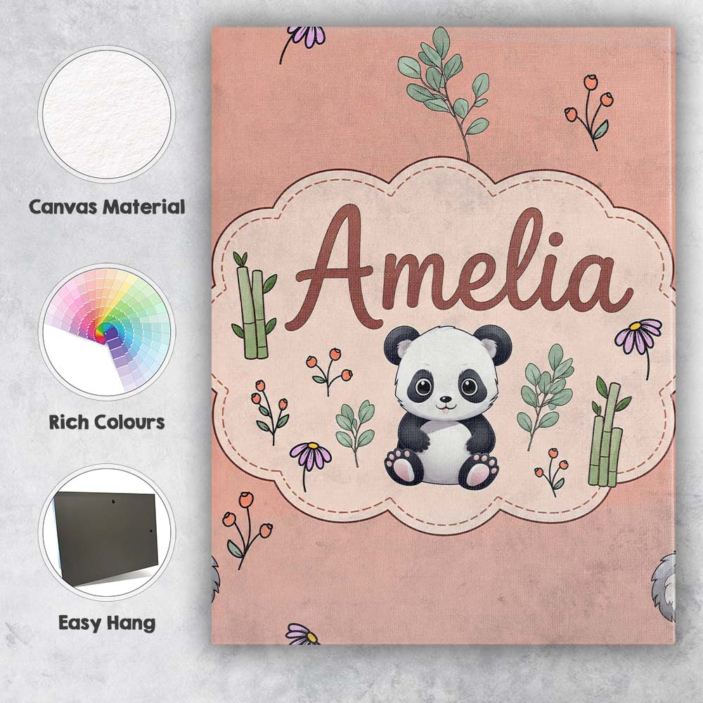 Personalised Name Cute Panda Bear with Custom Modern Room Accent Elegant Feature Canvas Wall Art Print Decor Picture Ready to Hang