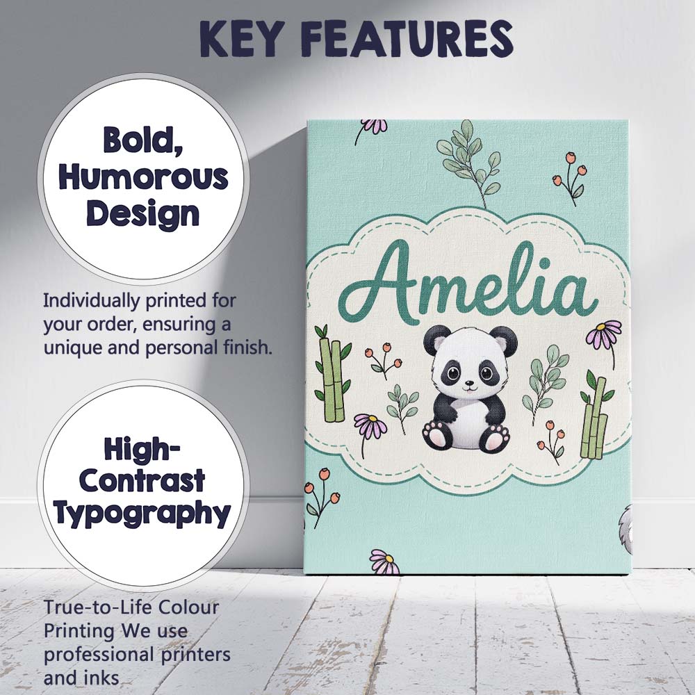 Personalised Name Cute Panda Bear with Custom Modern Room Accent Elegant Feature Canvas Wall Art Print Decor Picture Ready to Hang