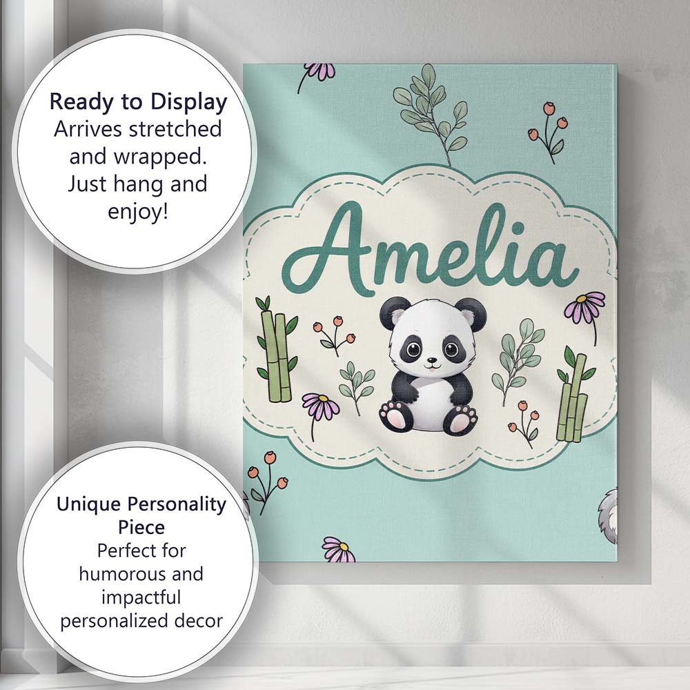 Personalised Name Cute Panda Bear with Custom Modern Room Accent Elegant Feature Canvas Wall Art Print Decor Picture Ready to Hang