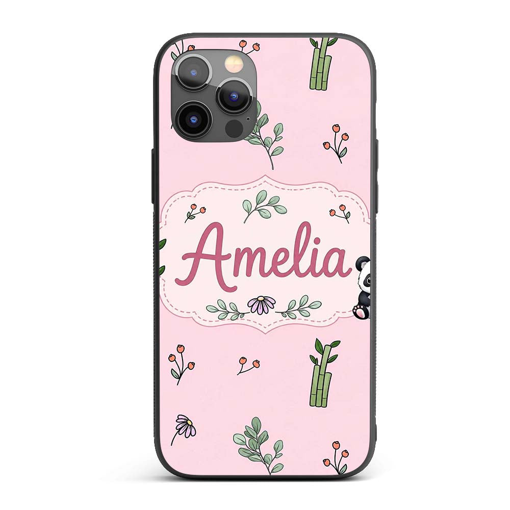 Cute Panda Bear with Bamboo Leaves Floral Pattern Custom Name Protective Phone Case Mobile Cover Durable Everyday Smartphone Shock Resistant