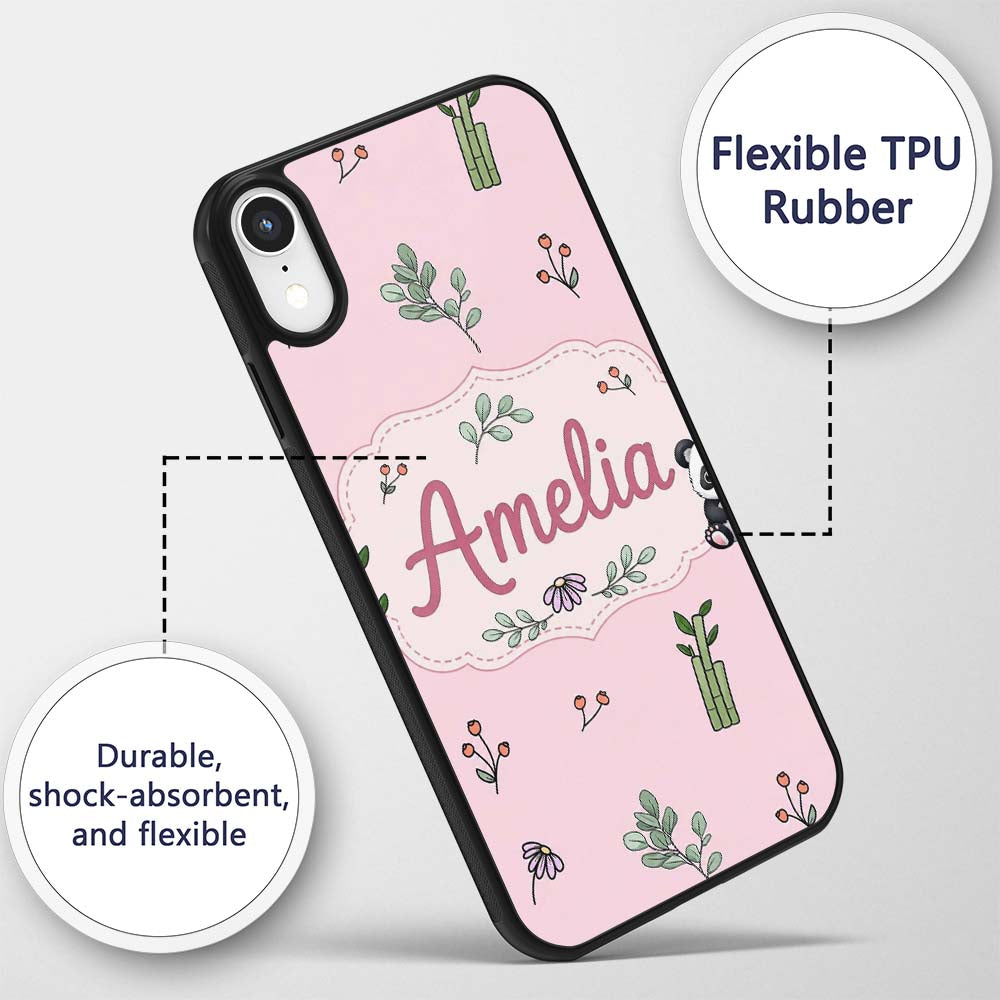 Cute Panda Bear with Bamboo Leaves Floral Pattern Custom Name Protective Phone Case Mobile Cover Durable Everyday Smartphone Shock Resistant