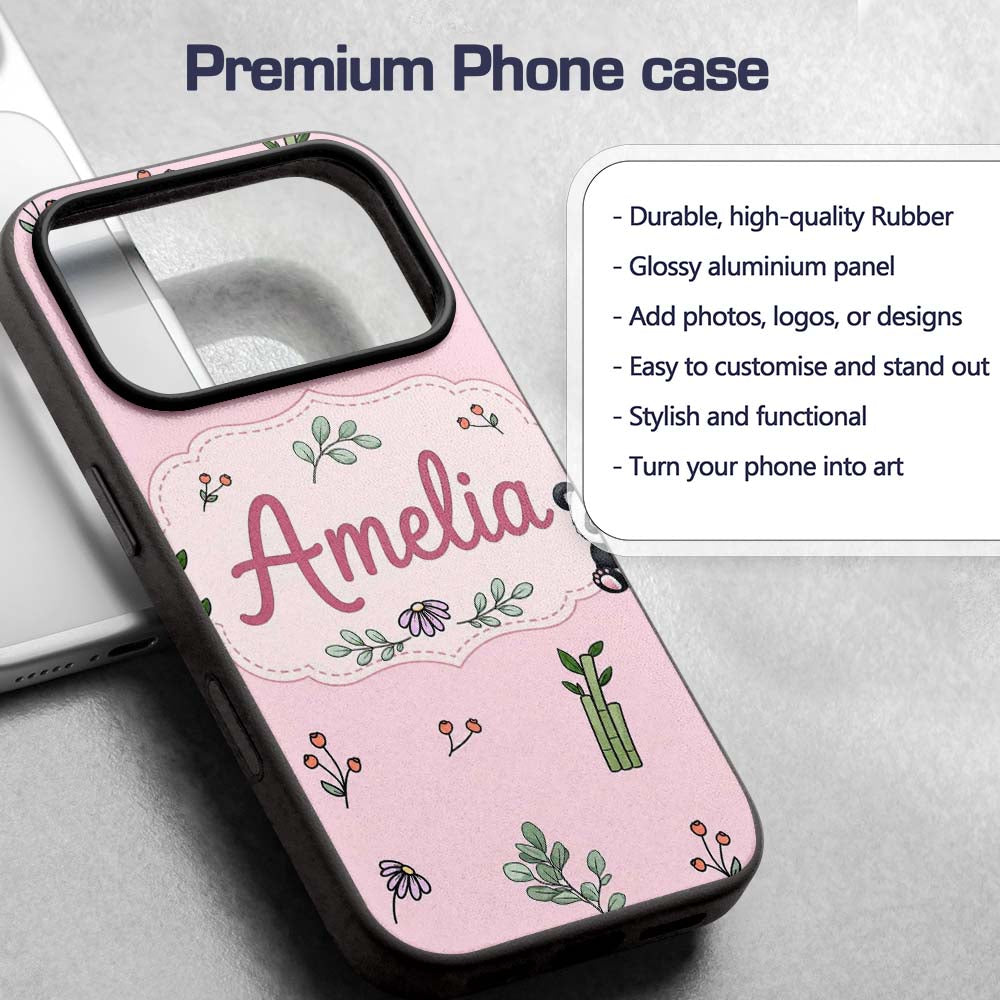 Cute Panda Bear with Bamboo Leaves Floral Pattern Custom Name Protective Phone Case Mobile Cover Durable Everyday Smartphone Shock Resistant