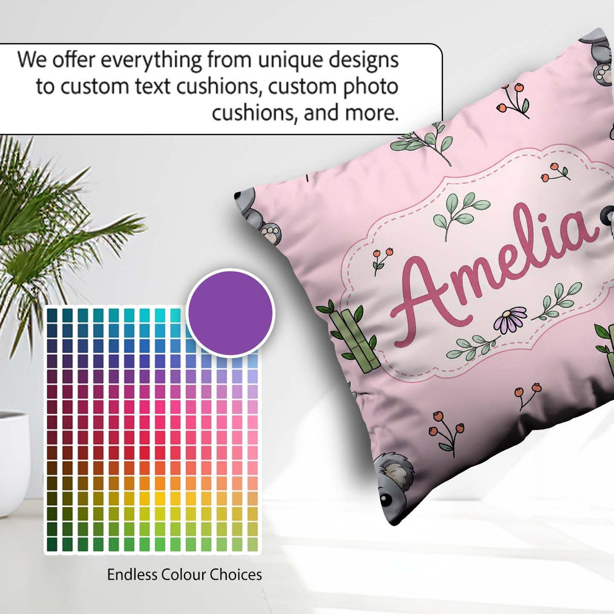 Custom Name Cute Panda Bear with Bamboo Leaves Floral Blush Pink Square Filled Cushion Throw Pillow Sofa Bed Home Decor Zip Washable UK Made