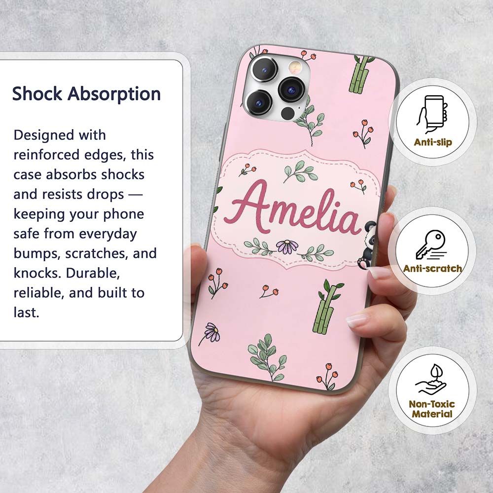 Cute Panda Bear with Bamboo Leaves Floral Pattern Custom Name Protective Phone Case Mobile Cover Durable Everyday Smartphone Shock Resistant