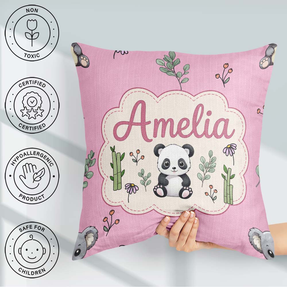 Custom Name Cute Panda Bear with Bamboo Leaves Pattern Soft Pink Square Filled Cushion Throw Pillow Sofa Bed Home Decor Zip Washable UK Made