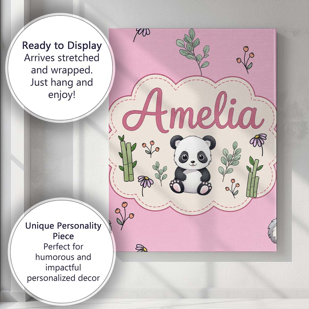 Personalised Name Cute Panda Bear with Custom Modern Room Accent Elegant Feature Canvas Wall Art Print Decor Picture Ready to Hang