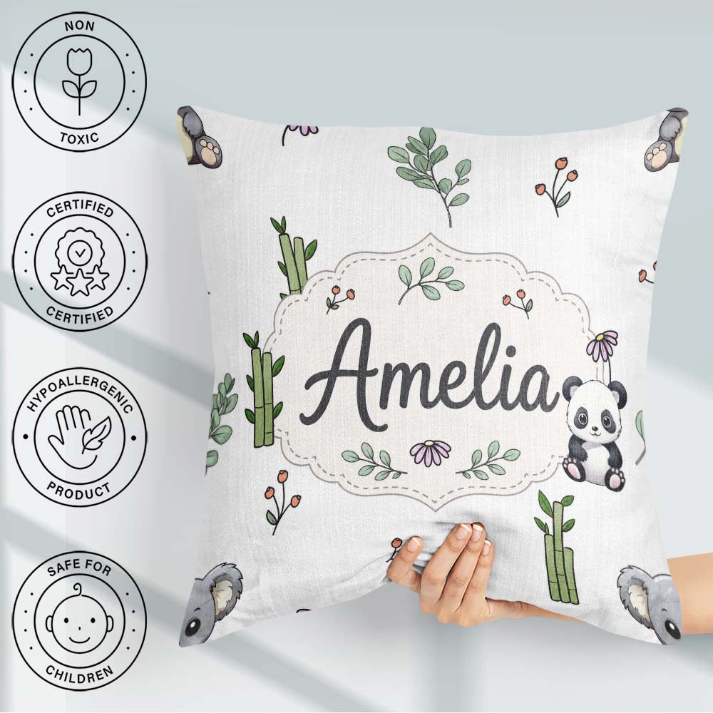 Custom Name Cute Panda Bear with Bamboo Leaves Floral Light Grey Square Filled Cushion Throw Pillow Sofa Bed Home Decor Zip Washable UK Made