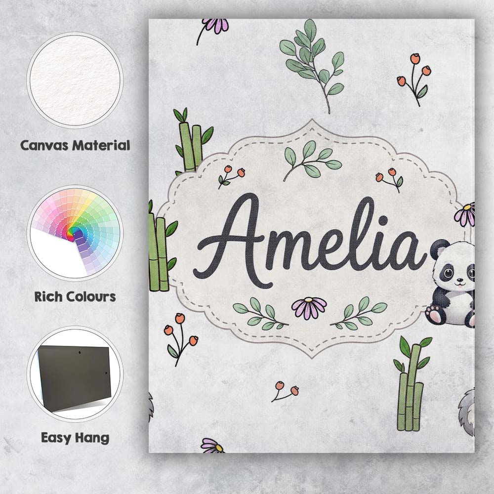 Personalised Name Cute Panda Bear with Custom Modern Room Accent Elegant Feature Canvas Wall Art Print Decor Picture Ready to Hang