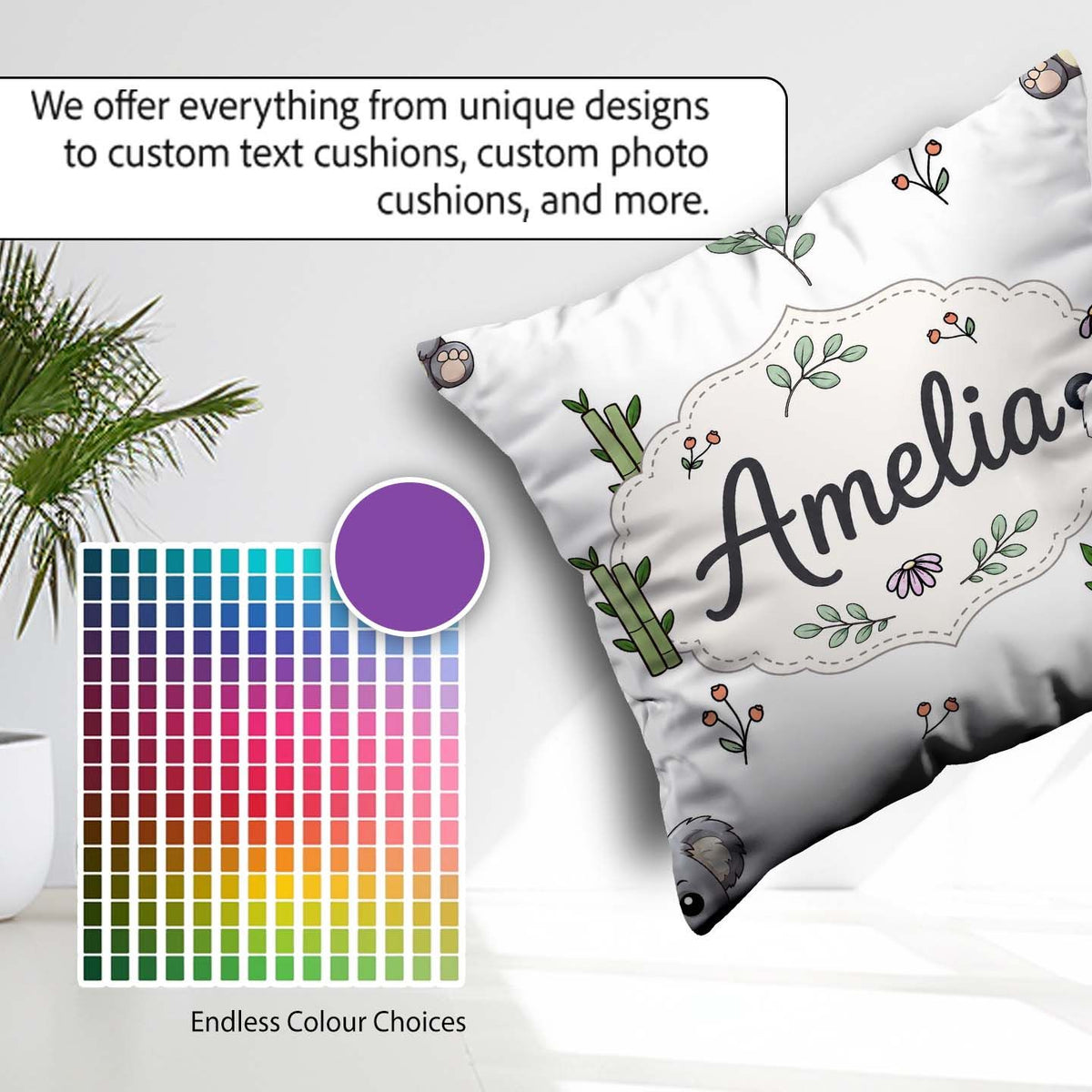 Custom Name Cute Panda Bear with Bamboo Leaves Floral Light Grey Square Filled Cushion Throw Pillow Sofa Bed Home Decor Zip Washable UK Made