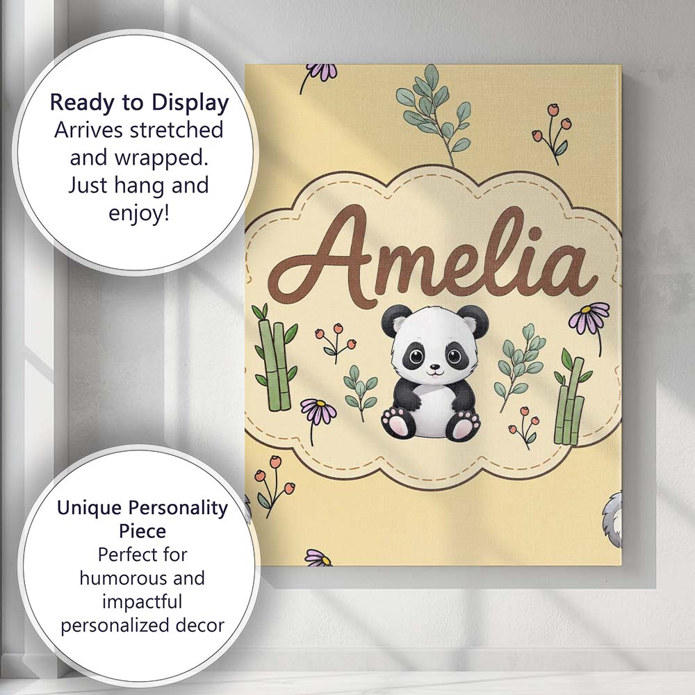 Personalised Name Cute Panda Bear with Custom Modern Room Accent Elegant Feature Canvas Wall Art Print Decor Picture Ready to Hang
