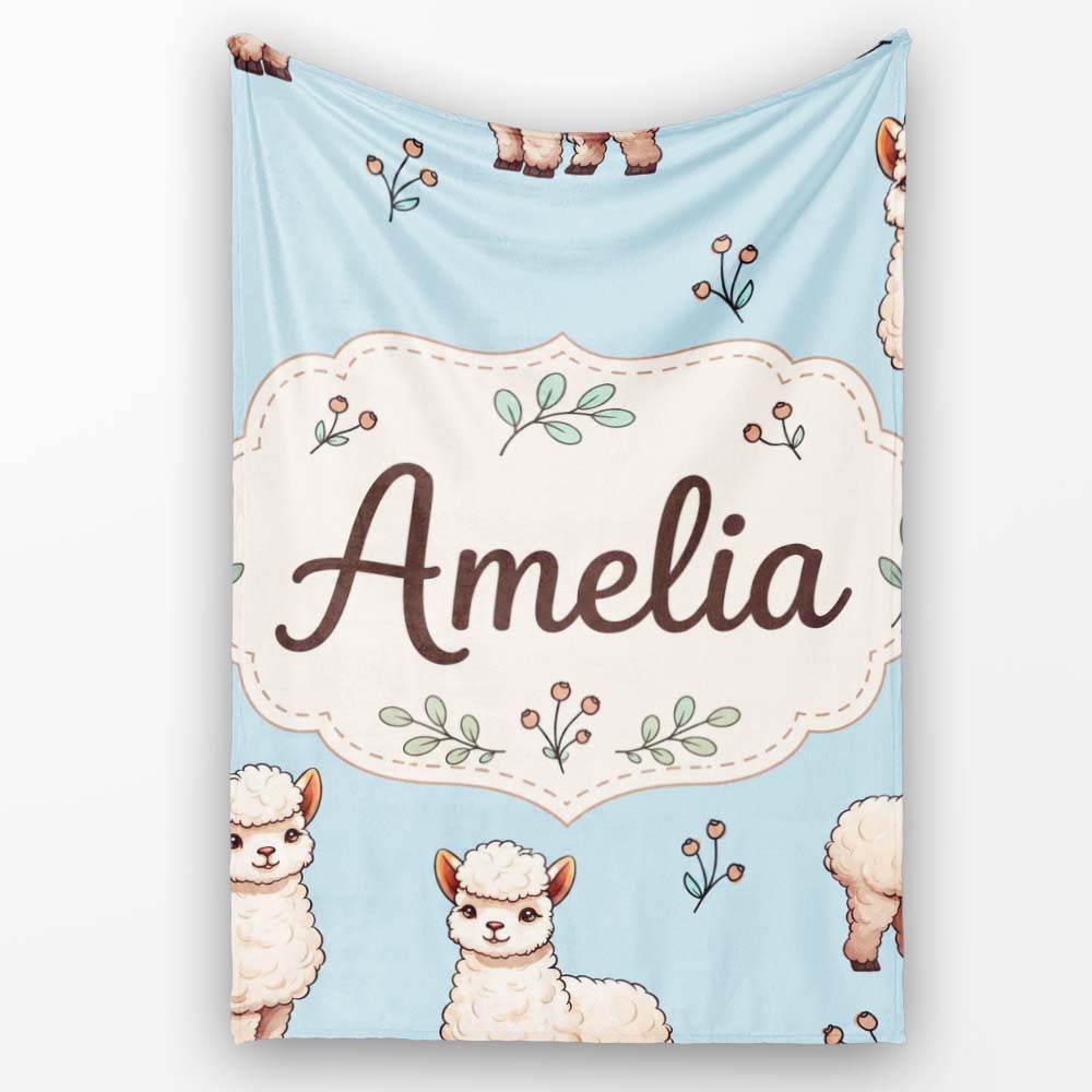 Cute Alpaca Llama Farm Animals Floral Seamless Pattern Blue Lovely Personalised Custom Name Super Soft Fleece Blanket Bed Sofa Throw