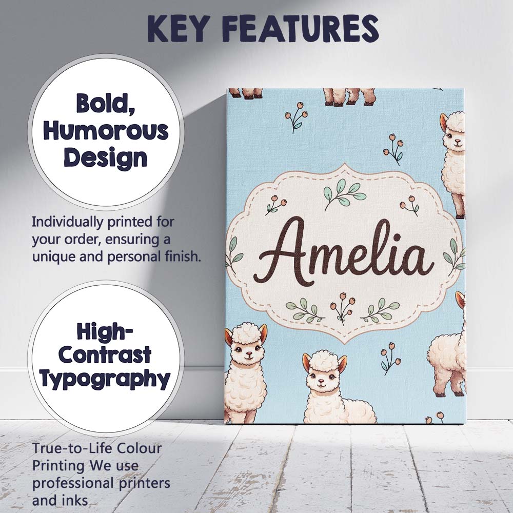 Personalised Name Cute Alpaca Llama Farm Custom Unique Gift Idea Elegant Feature Canvas Wall Art Print Decor Picture Ready to Hang
