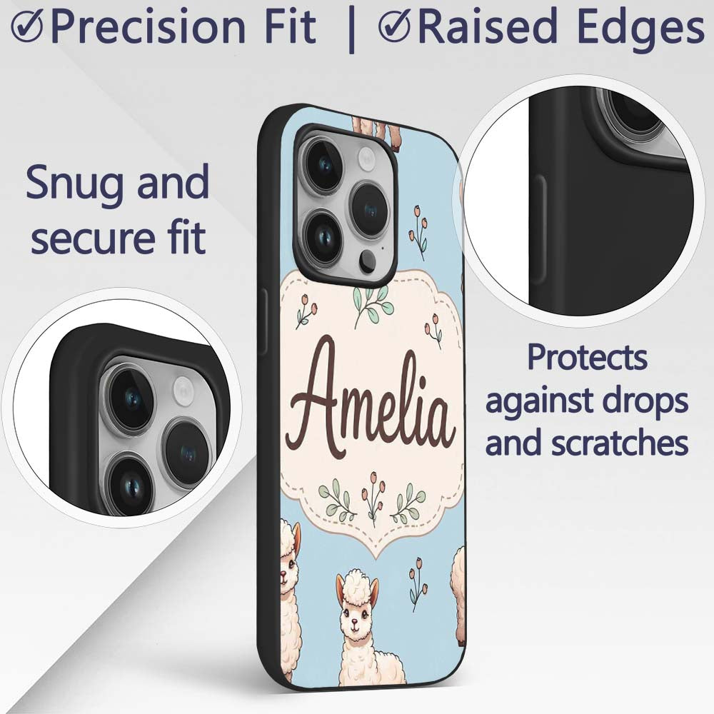 Cute Alpaca Llama Farm Animals Floral Seamless Custom Name Protective Phone Case Mobile Cover Durable Everyday Smartphone Shock Resistant