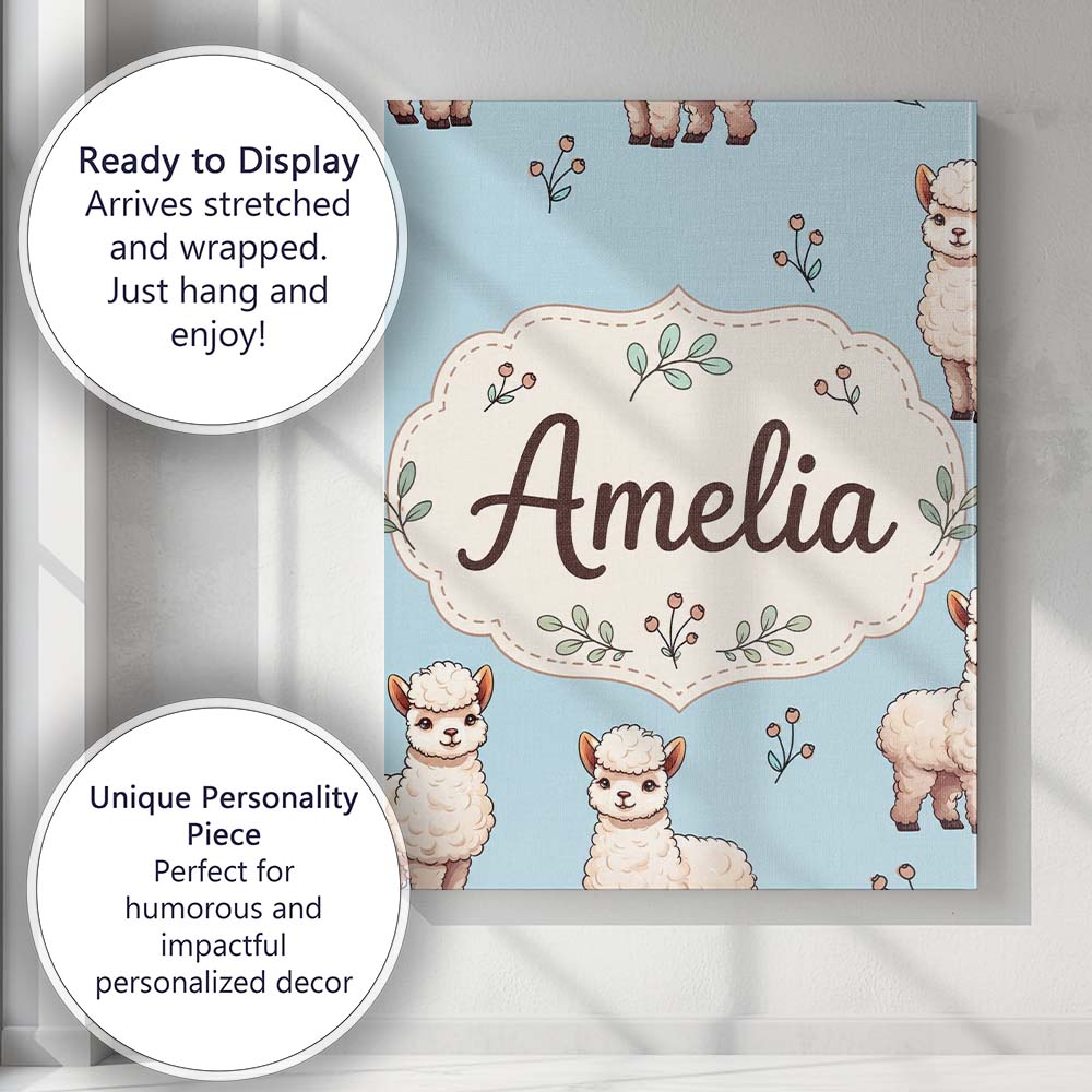 Personalised Name Cute Alpaca Llama Farm Custom Unique Gift Idea Elegant Feature Canvas Wall Art Print Decor Picture Ready to Hang