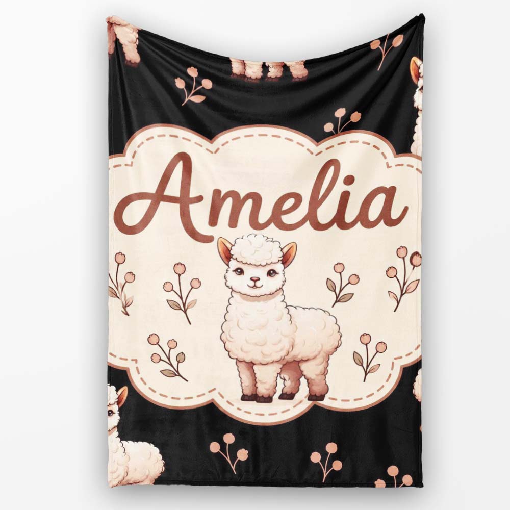 Cute Alpaca Llama Farm Animals Floral Seamless Pattern Black Lovely Personalised Custom Name Super Soft Fleece Blanket Bed Sofa Throw