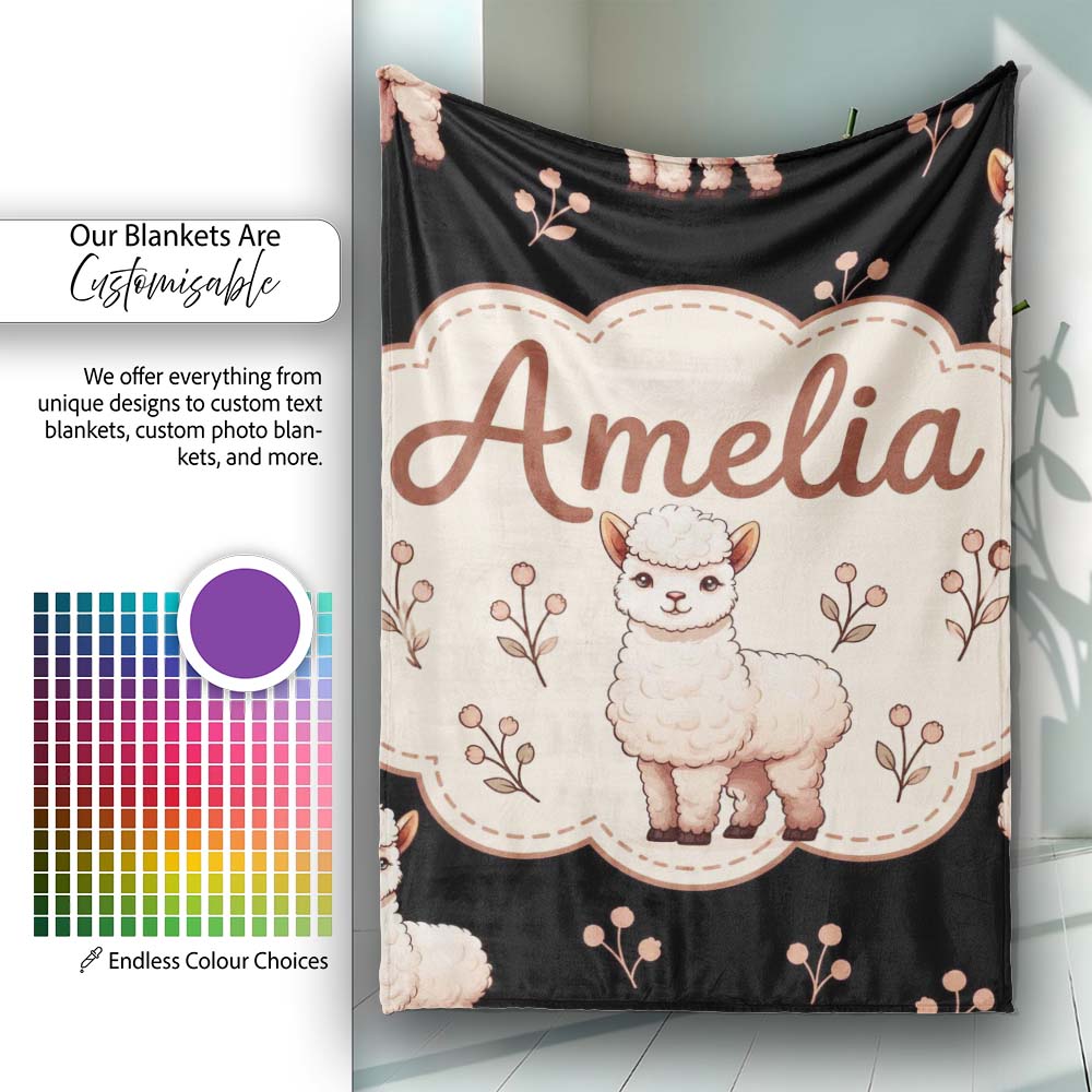 Cute Alpaca Llama Farm Animals Floral Seamless Pattern Black Lovely Personalised Custom Name Super Soft Fleece Blanket Bed Sofa Throw