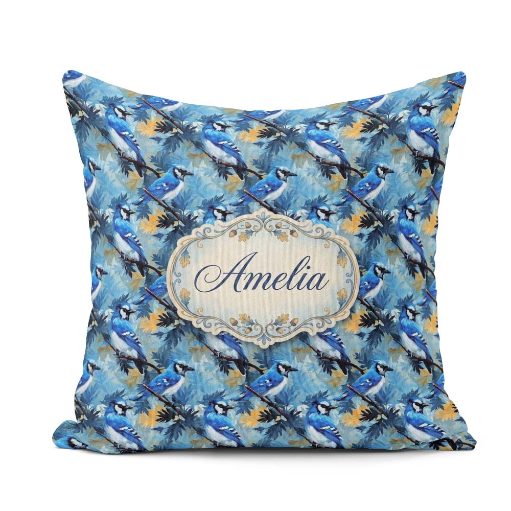 Custom Name Blue Jay Artistic Foliage Painterly Botanical Design Square Filled Cushion Throw Pillow Sofa Bed Home Decor Zip Washable UK Made