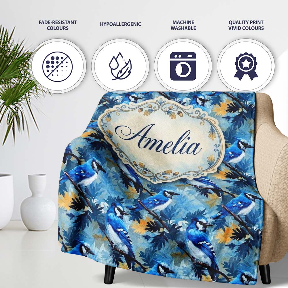 Blue Jay Bird Artistic Foliage Painterly Botanical Wildlife Design Personalised Custom Name Super Soft Fleece Blanket Bed Sofa Throw